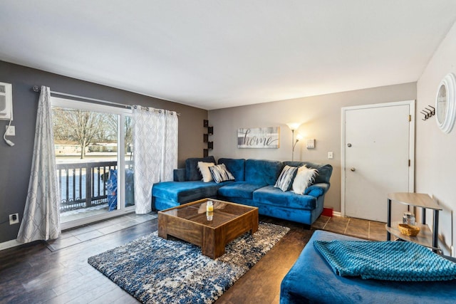 living room featuring dark wood-type flooring