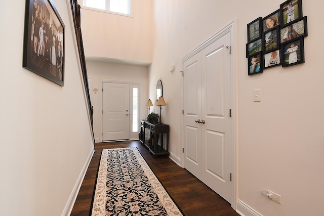 doorway with dark wood-type flooring and a high ceiling