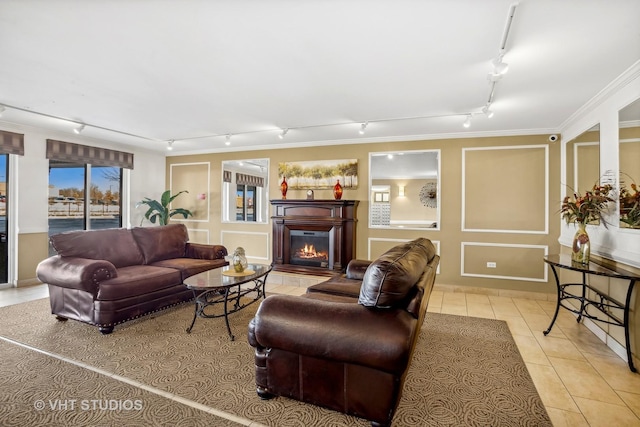 tiled living room featuring crown molding