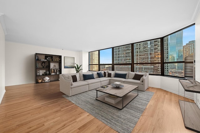 living room featuring a healthy amount of sunlight and light hardwood / wood-style flooring