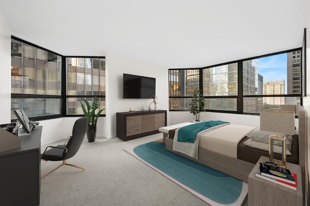 bedroom featuring light colored carpet