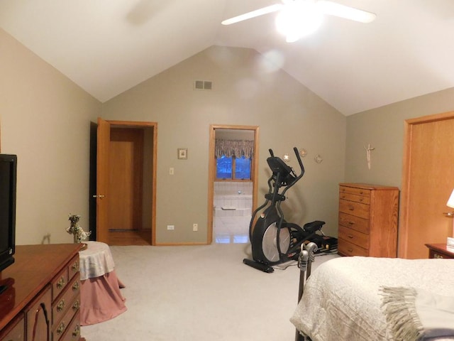 bedroom with carpet flooring, connected bathroom, ceiling fan, and lofted ceiling