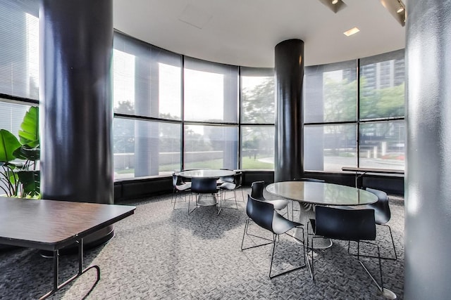 interior space featuring speckled floor