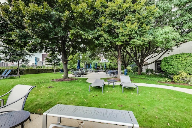 view of community with a lawn and a patio area