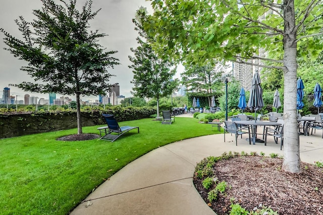 view of property's community featuring a lawn and a patio