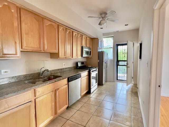 6945 S Dorchester Ave Unit 2S, Chicago, IL 60637 - kitchen with appliances with stainless steel finishes, a sink, light brown cabinets, and ceiling fan