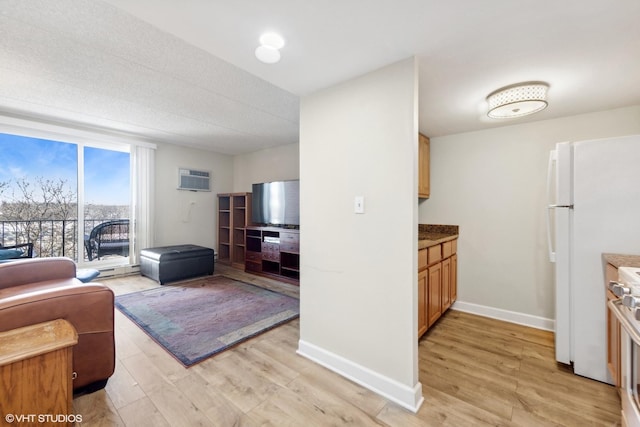 living room with light wood-type flooring and a wall unit AC