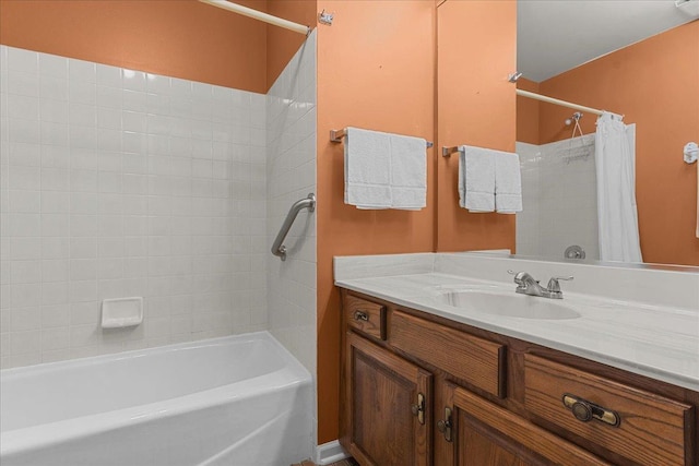 bathroom with vanity and shower / tub combo with curtain