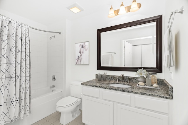 full bathroom with shower / bath combination with curtain, vanity, toilet, and tile patterned flooring