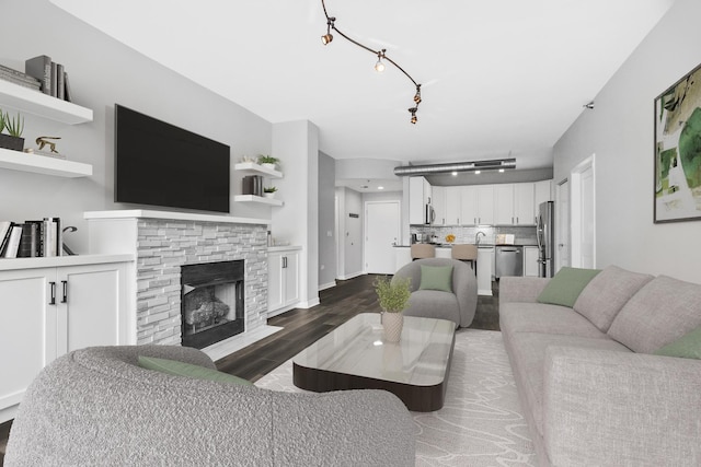 living room with dark wood-type flooring, a stone fireplace, sink, and rail lighting