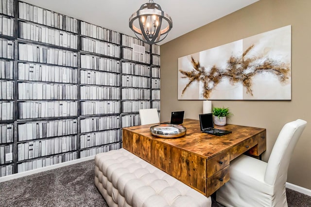 dining room with carpet floors and an inviting chandelier