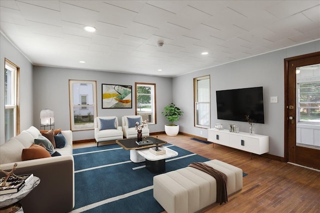 living room with crown molding and hardwood / wood-style floors