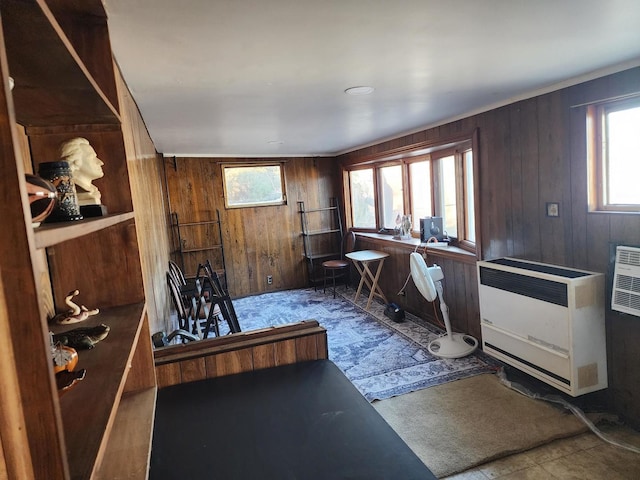 interior space with wooden walls and heating unit