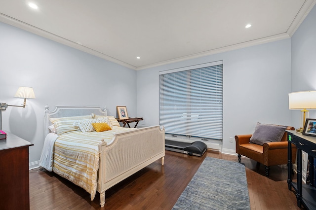 bedroom featuring dark wood-type flooring and ornamental molding