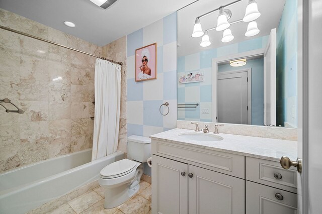 full bathroom featuring toilet, vanity, tile walls, and shower / bathtub combination with curtain