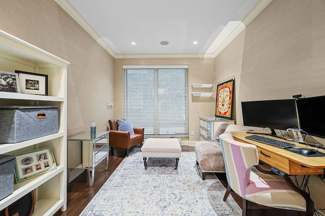 office area with dark wood-type flooring and ornamental molding