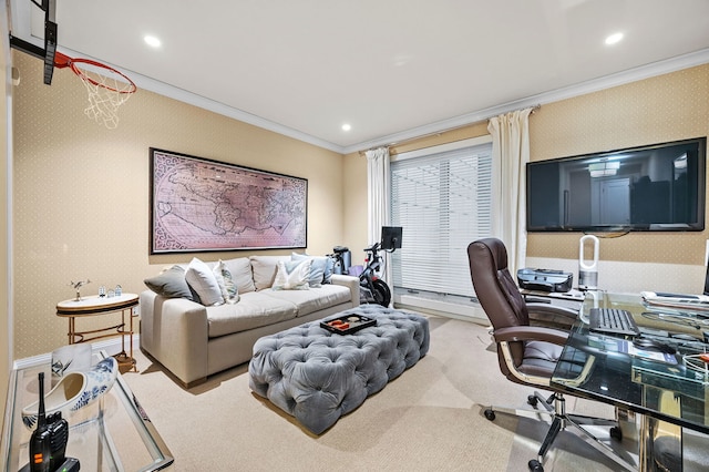 carpeted office with ornamental molding