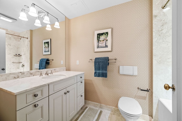 full bathroom featuring toilet, shower / bathtub combination with curtain, tile patterned floors, and vanity