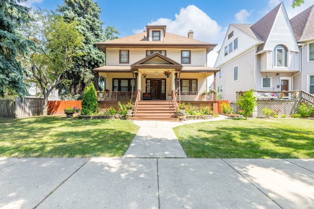 view of front of home featuring covered porch and a front lawn