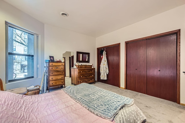 carpeted bedroom with two closets