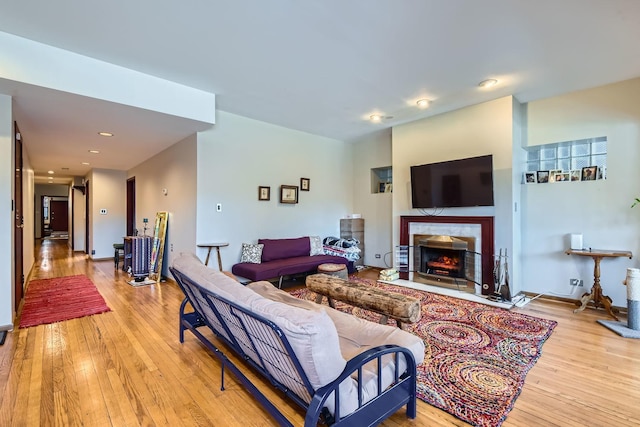 living room with a premium fireplace and light hardwood / wood-style floors