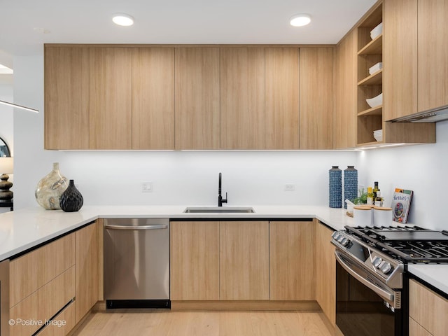 kitchen featuring light brown cabinets, sink, light wood-type flooring, and stainless steel appliances