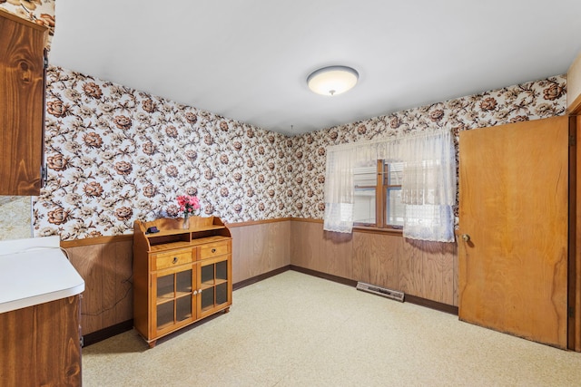 interior space featuring wooden walls