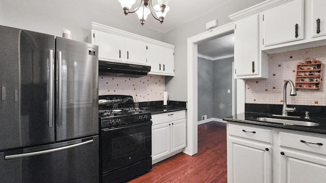 kitchen featuring white cabinets, dark hardwood / wood-style flooring, sink, stainless steel fridge, and black range with gas stovetop