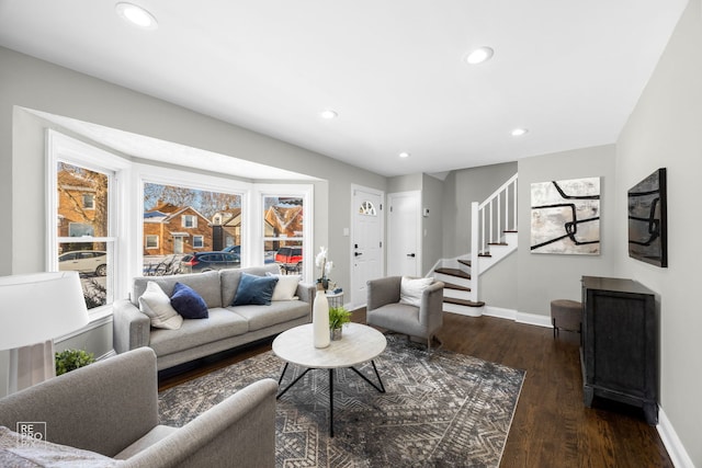 living room featuring dark wood-type flooring