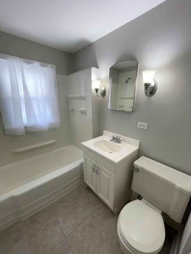 full bathroom with toilet, shower / washtub combination, tile patterned floors, and vanity