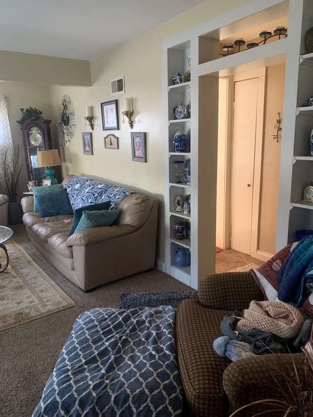 living room with carpet and built in shelves