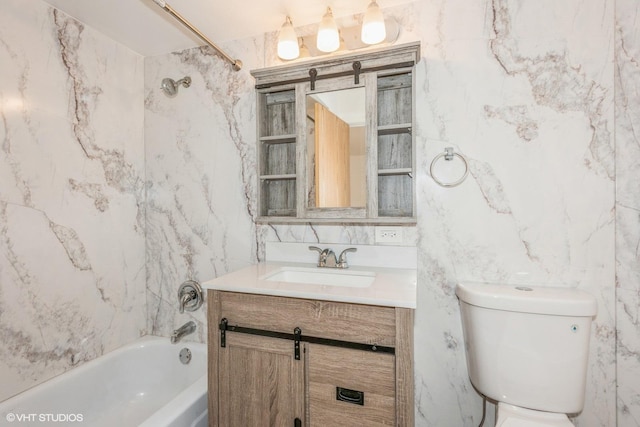 full bathroom featuring shower / bathtub combination, toilet, and vanity