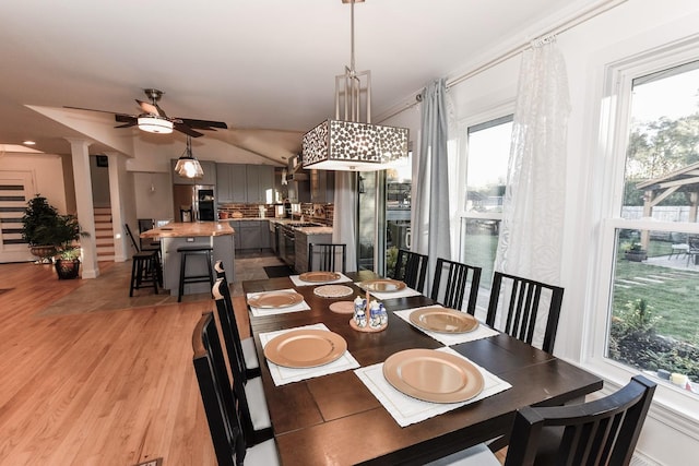 dining area with ceiling fan and light wood-type flooring