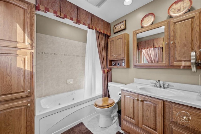 full bathroom with toilet, vanity, tile patterned floors, and shower / tub combo with curtain