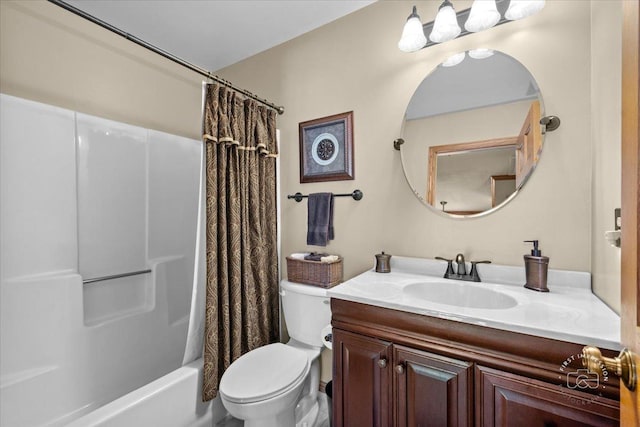 full bathroom with toilet, vanity, and shower / bath combination with curtain