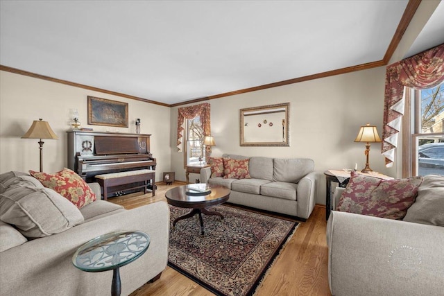 living room featuring hardwood / wood-style floors and crown molding