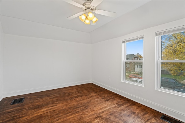 unfurnished room featuring wood-type flooring, ceiling fan, and lofted ceiling