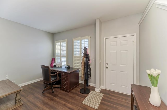 home office with dark wood-type flooring