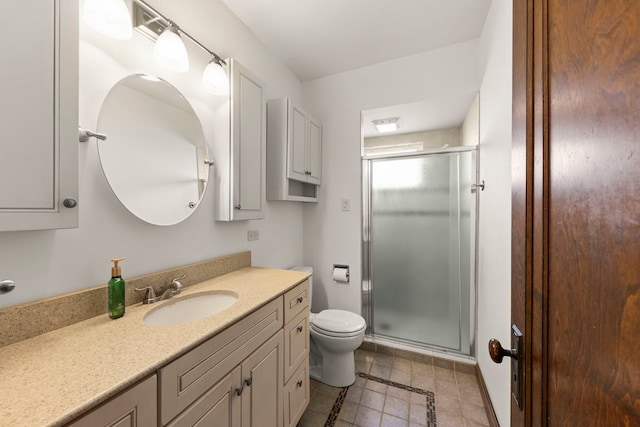 bathroom featuring tile patterned floors, an enclosed shower, vanity, and toilet