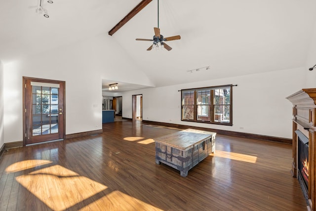 living room featuring high vaulted ceiling, dark hardwood / wood-style flooring, ceiling fan, and beamed ceiling