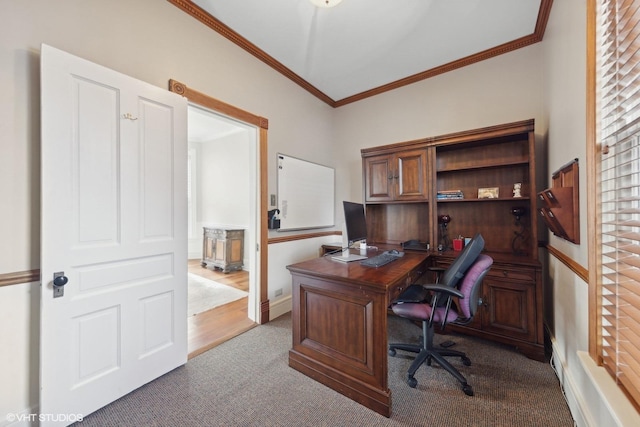 home office with crown molding and carpet floors