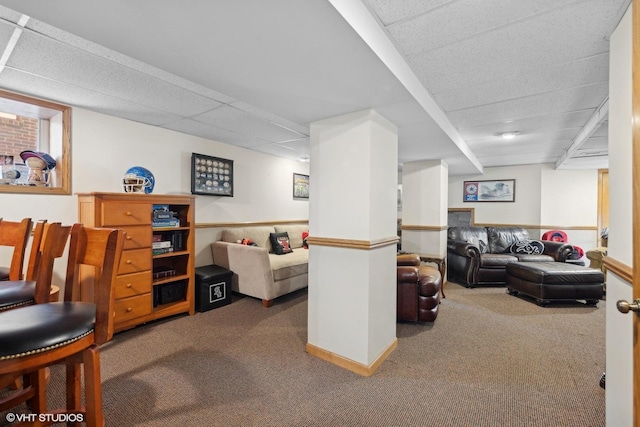 carpeted living room featuring a paneled ceiling