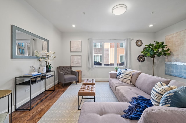 living room with dark hardwood / wood-style floors