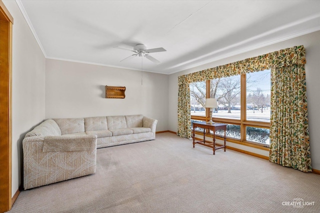 living room featuring ornamental molding, ceiling fan, and carpet