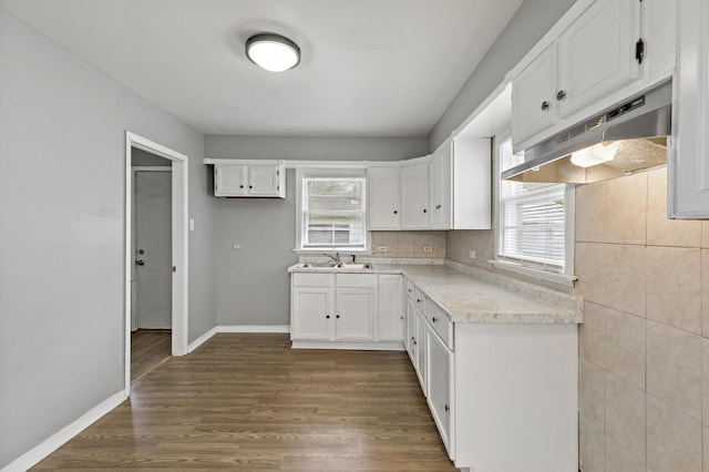 kitchen with white cabinets, dark hardwood / wood-style floors, a wealth of natural light, and tasteful backsplash