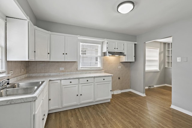 kitchen with decorative backsplash, sink, white cabinets, and hardwood / wood-style floors