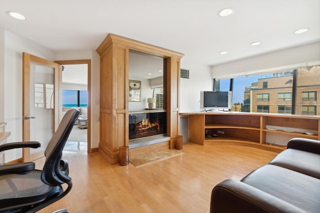 living room featuring a fireplace and light wood-type flooring