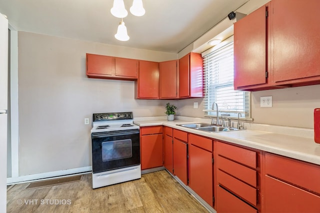 kitchen with sink, light wood-type flooring, and white range with electric cooktop