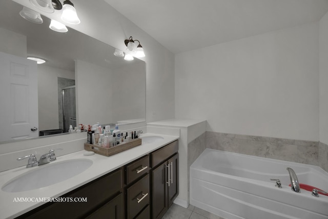 bathroom with vanity, shower with separate bathtub, and tile patterned flooring