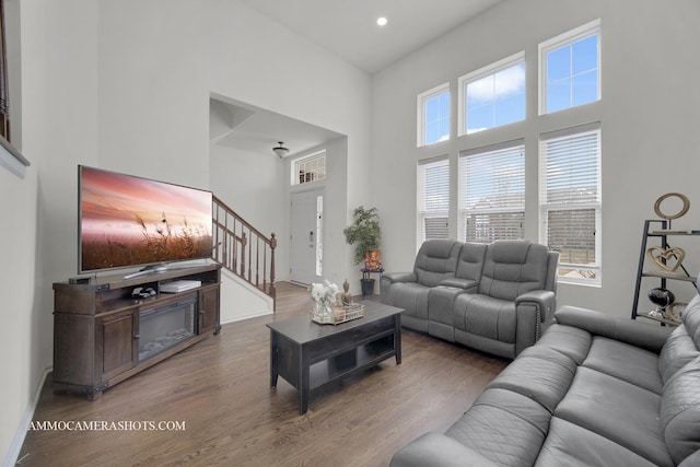 living room featuring hardwood / wood-style flooring and a towering ceiling